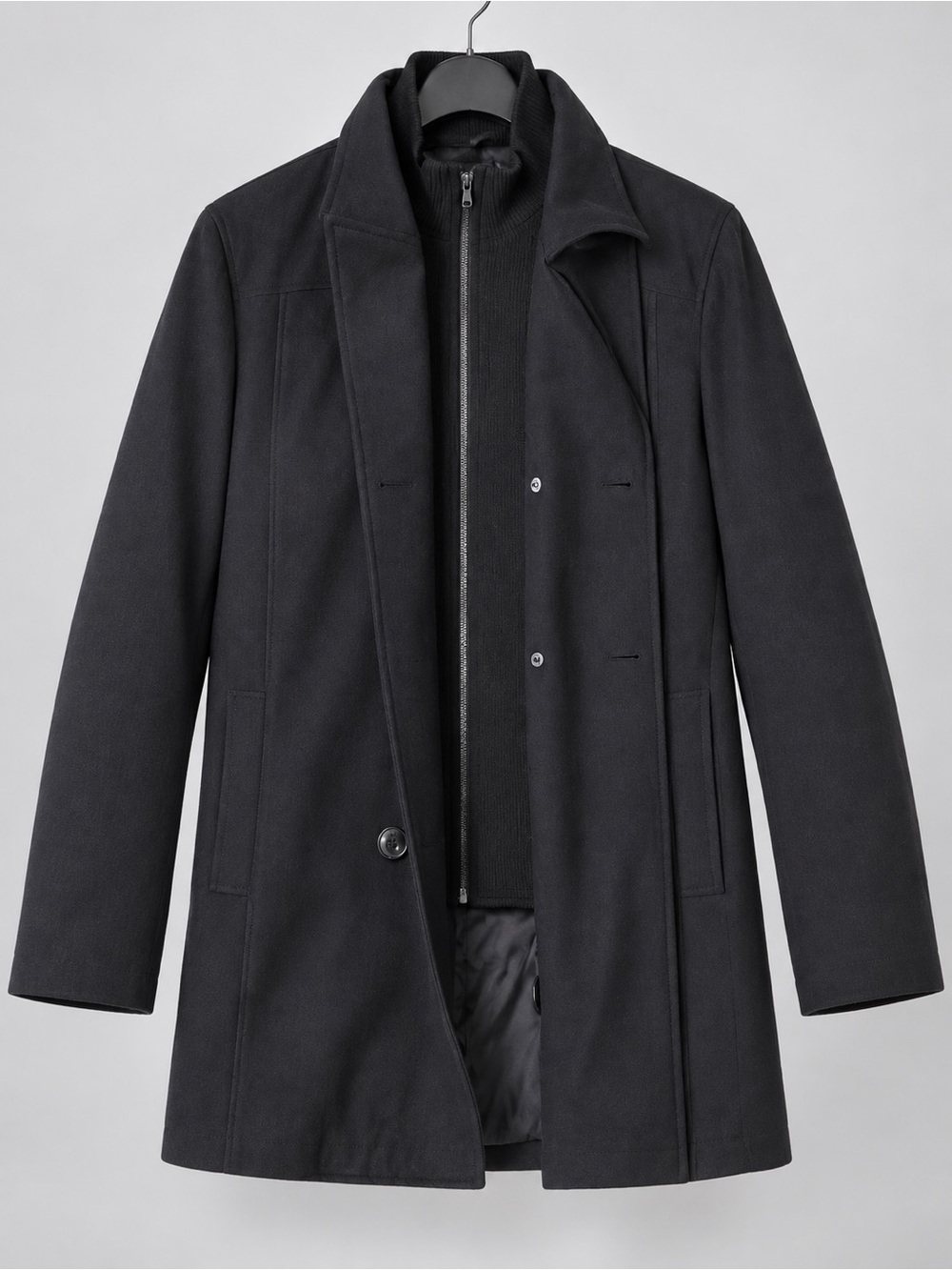 Calvin Klein Double Breasted Men's Black Wool Blend Overcoat with Zip-In Layer